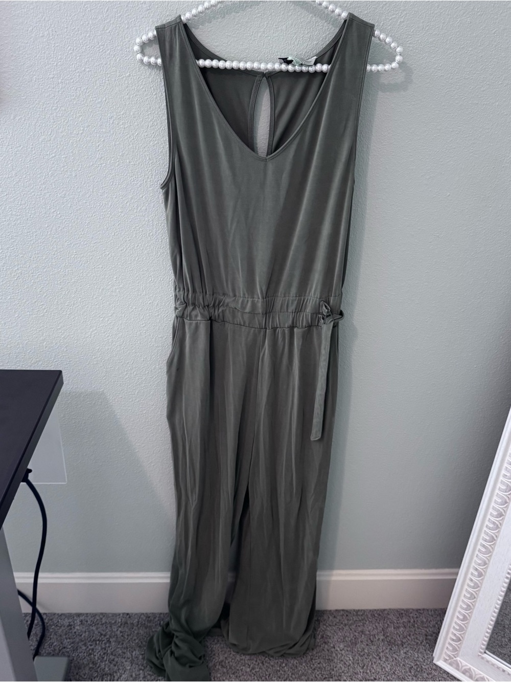 Anthropologie Olive Green Sleeveless Wide-Leg Jumpsuit with Waist Tie